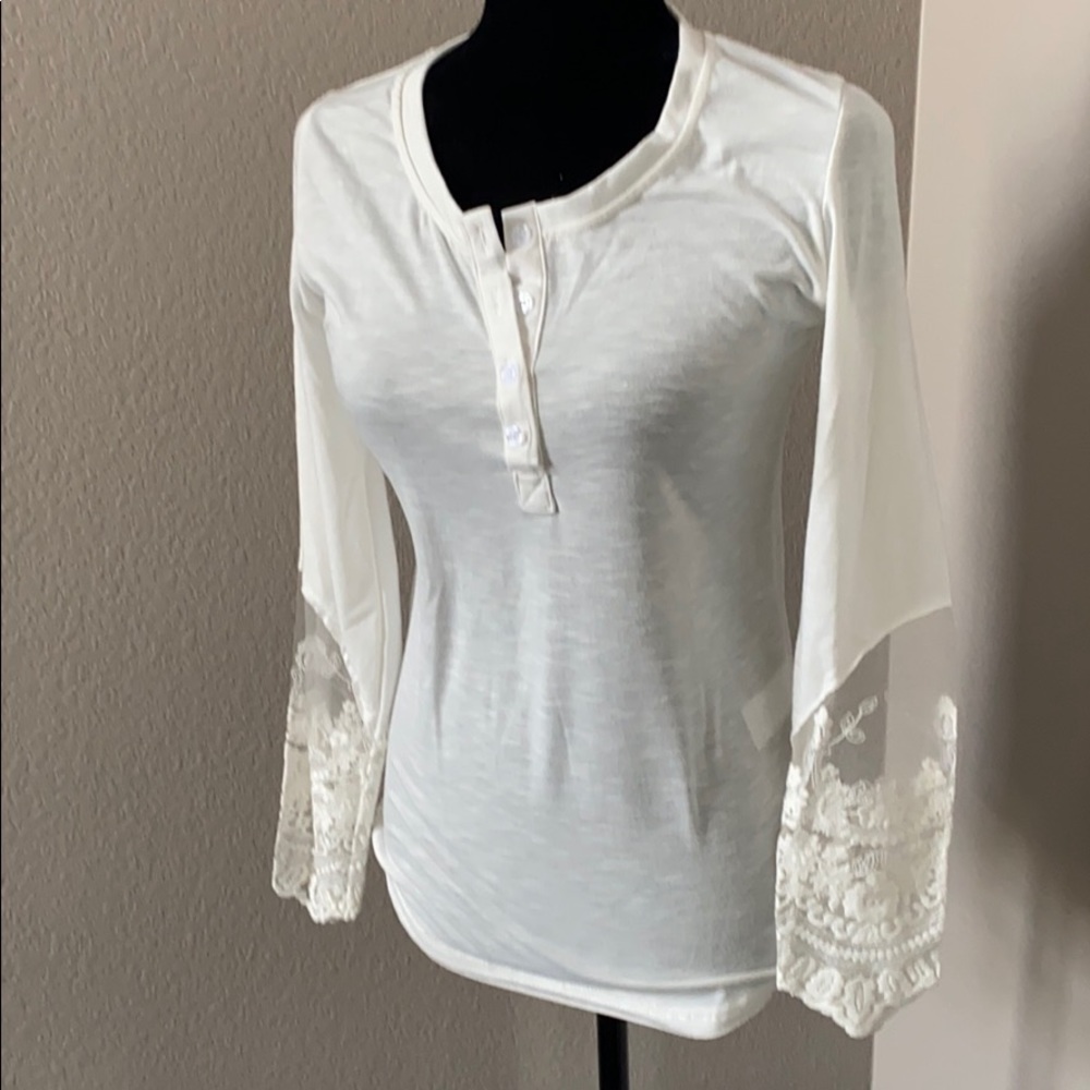 Lace Sleeve White Large Blouse
